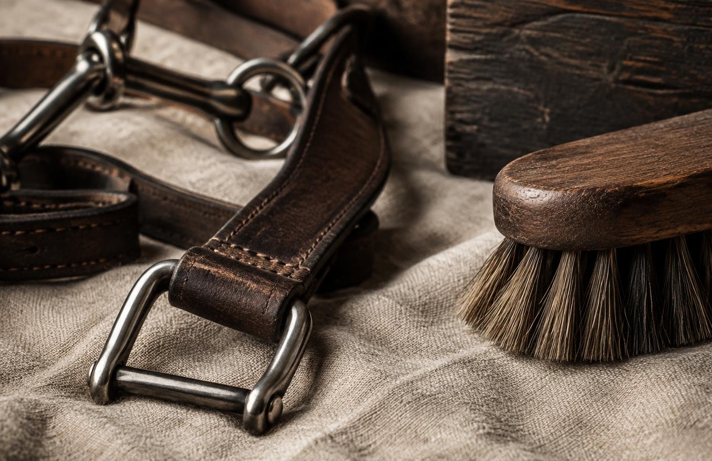 Leather, steel and timber equestrian equipment details